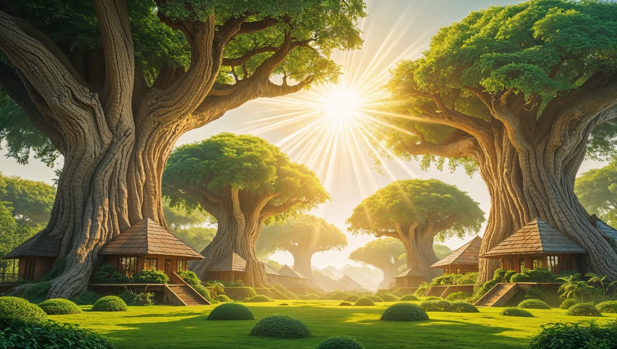 Serene landscape with ancient trees and huts